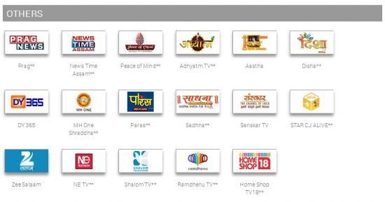 other channels in tata sky south special pack